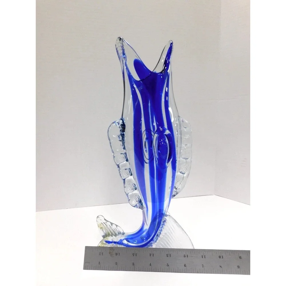 VTG Art Glass Fish Vase Blue Clear Striped Murano Style Coastal Decor DW87